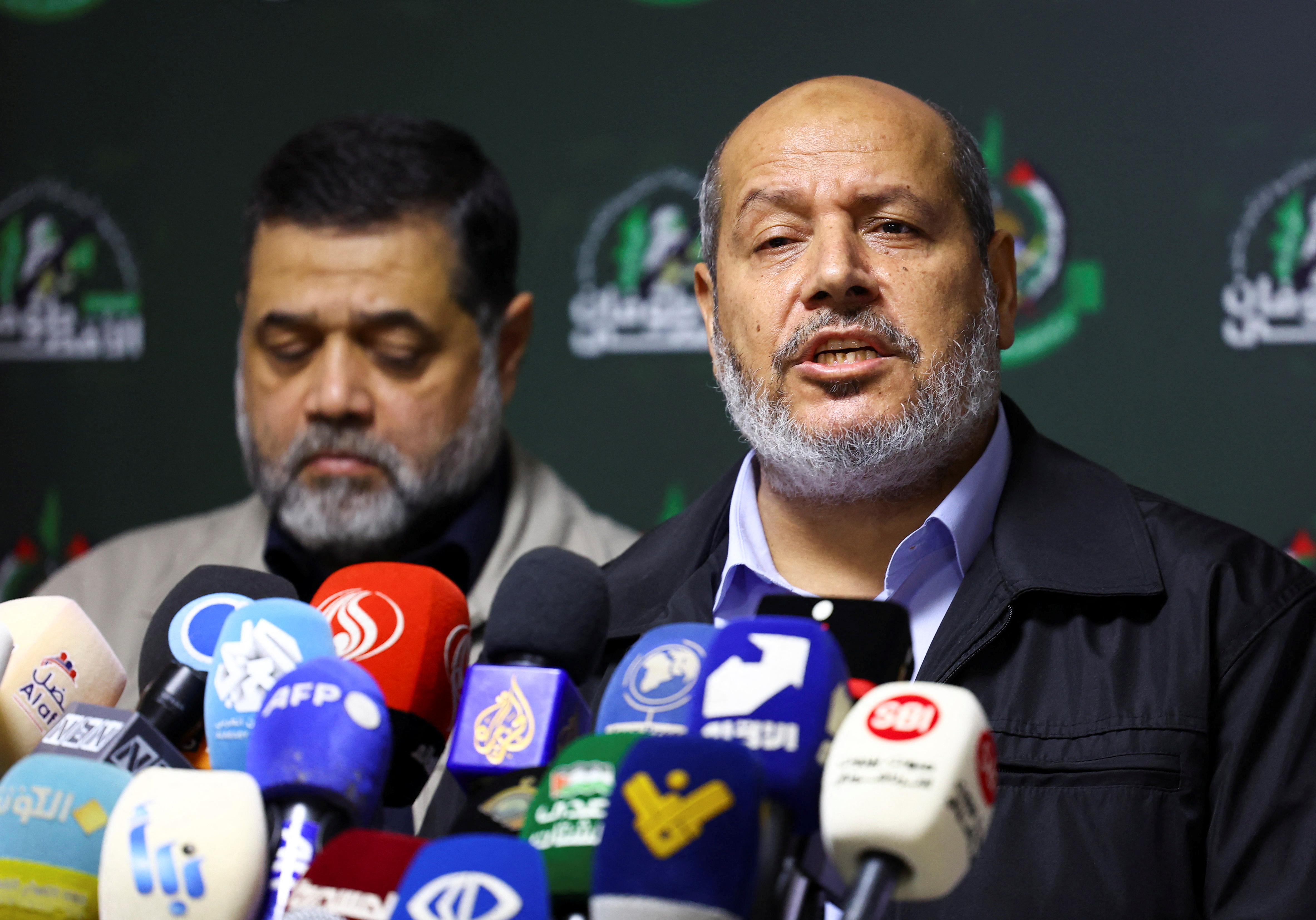 Hamas officials, Khalil Al-Hayya and Osama Hamdan, attend a press conference in Beirut, Lebanon, November 21, 2023. Photo:  Reuters Connect by Esa Alexander