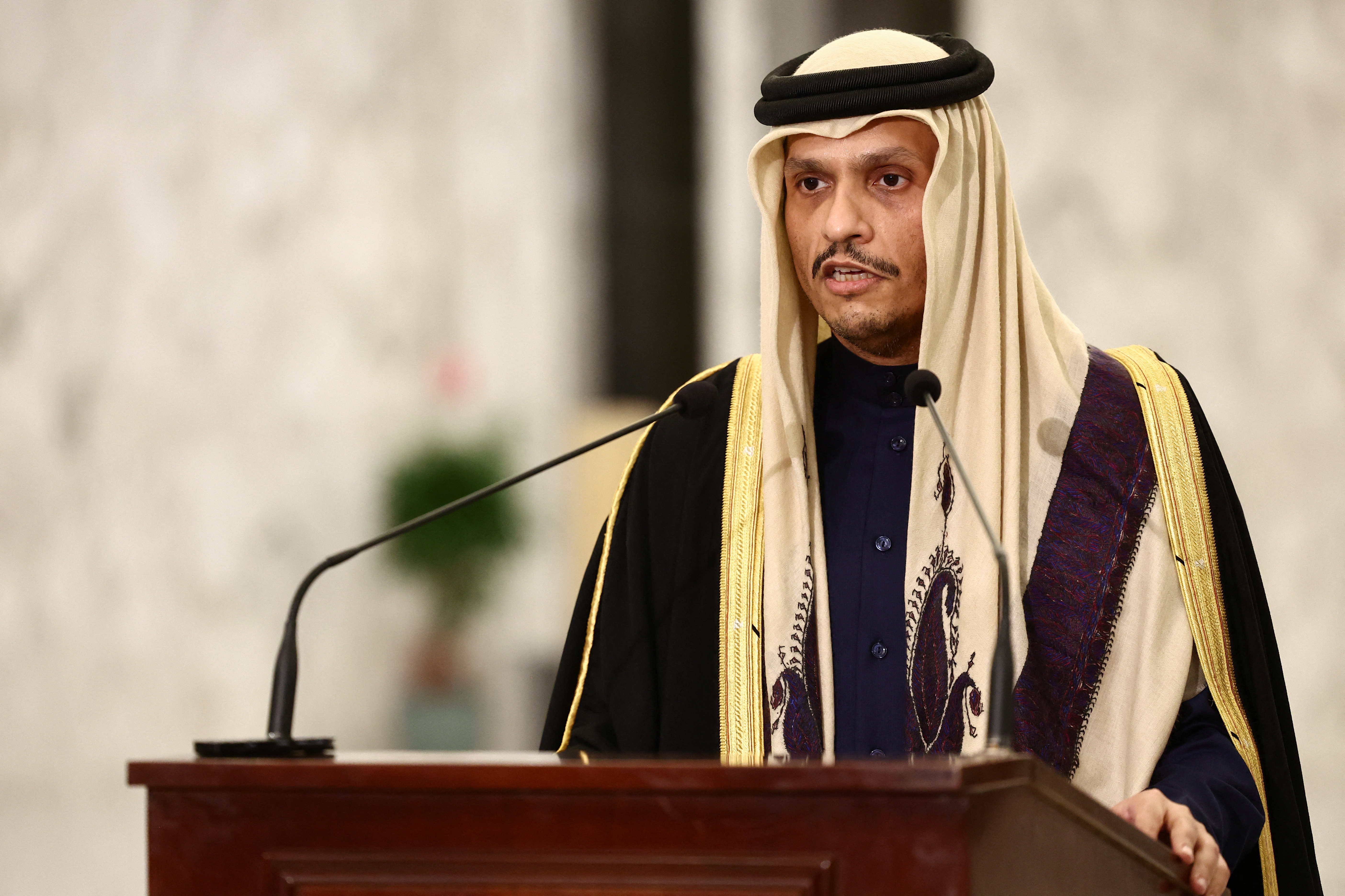 Qatari Prime Minister and Foreign Minister Sheikh Mohammed bin Abdulrahman Al Thani speaks after a meeting with the Lebanese president at the presidential palace in Baabda, Lebanon February 4, 2025. (Photo: Reuters)