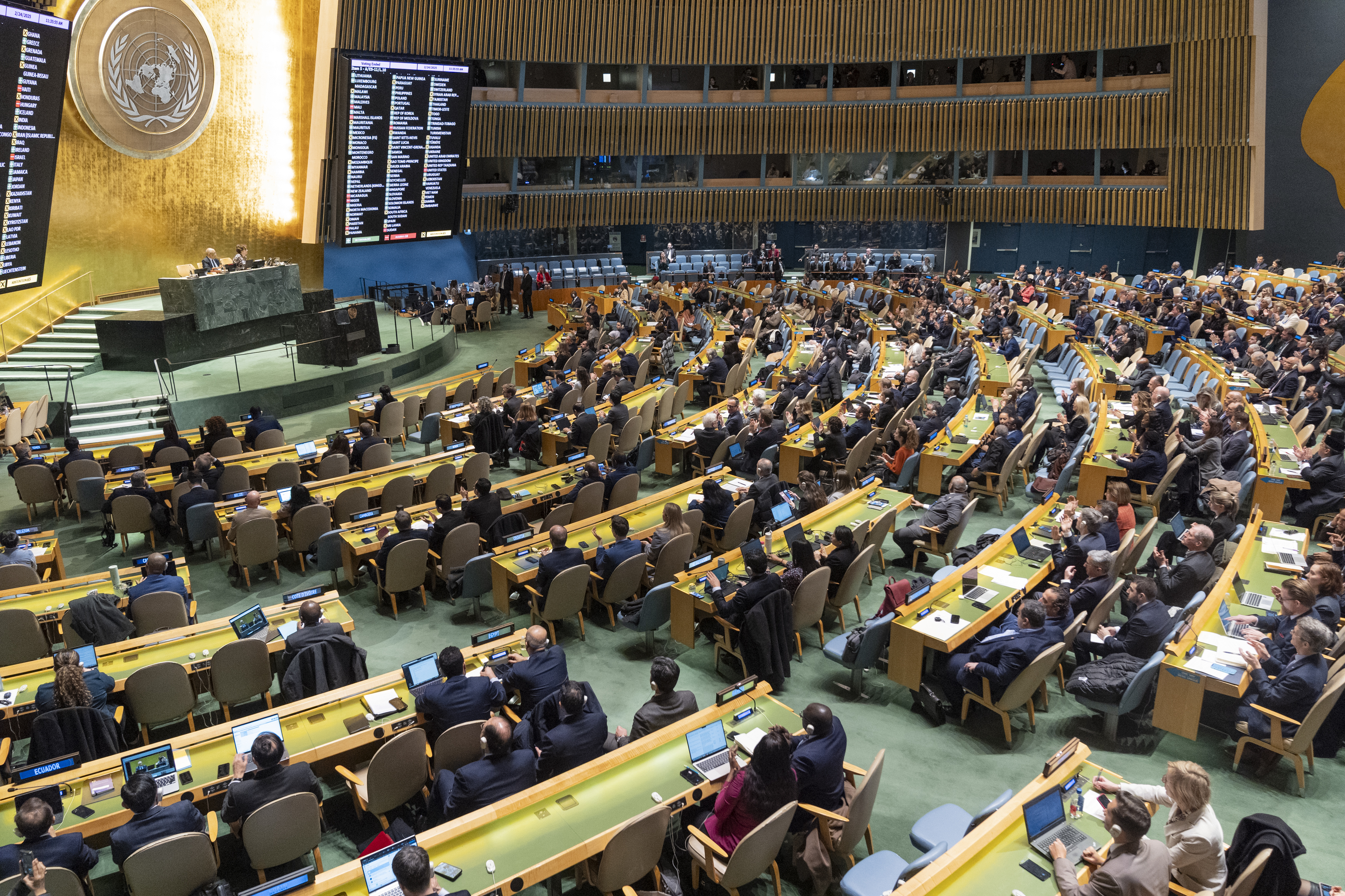 At the 11th Emergency Special Session of the UN General Assembly in New York on February 24, 2025, Ukraine's draft resolution 'Advancing a comprehensive, just, and lasting peace in Ukraine' was adopted (93 in favor, 18 against, 65 abstentions) on the third anniversary of Russia’s full-scale invasion. Photo: Lev Radin/SIPA USA via Reuters.