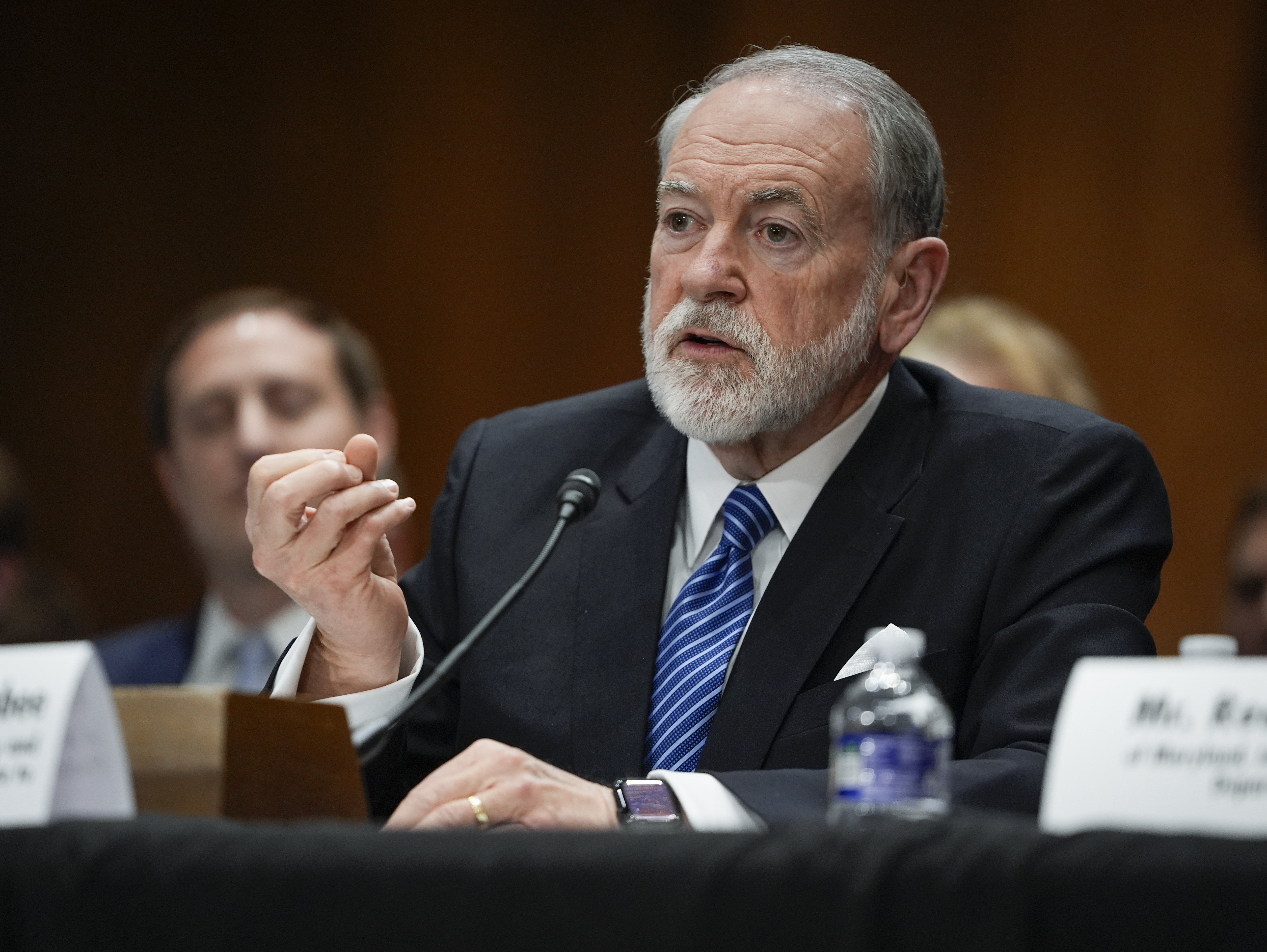 Mar 25, 2025; Washington, DC, USA; Former Arkansas Governor Mike Huckabee, President Donald Trump’s nomination for Ambassador to Israel, appearing at the Senate Committee on Foreign Relations hearing to examine his nomination on Tuesday, March 25, 2025 in Washington, DC. Mandatory Credit: Jack Gruber-USA TODAY via Reuters.