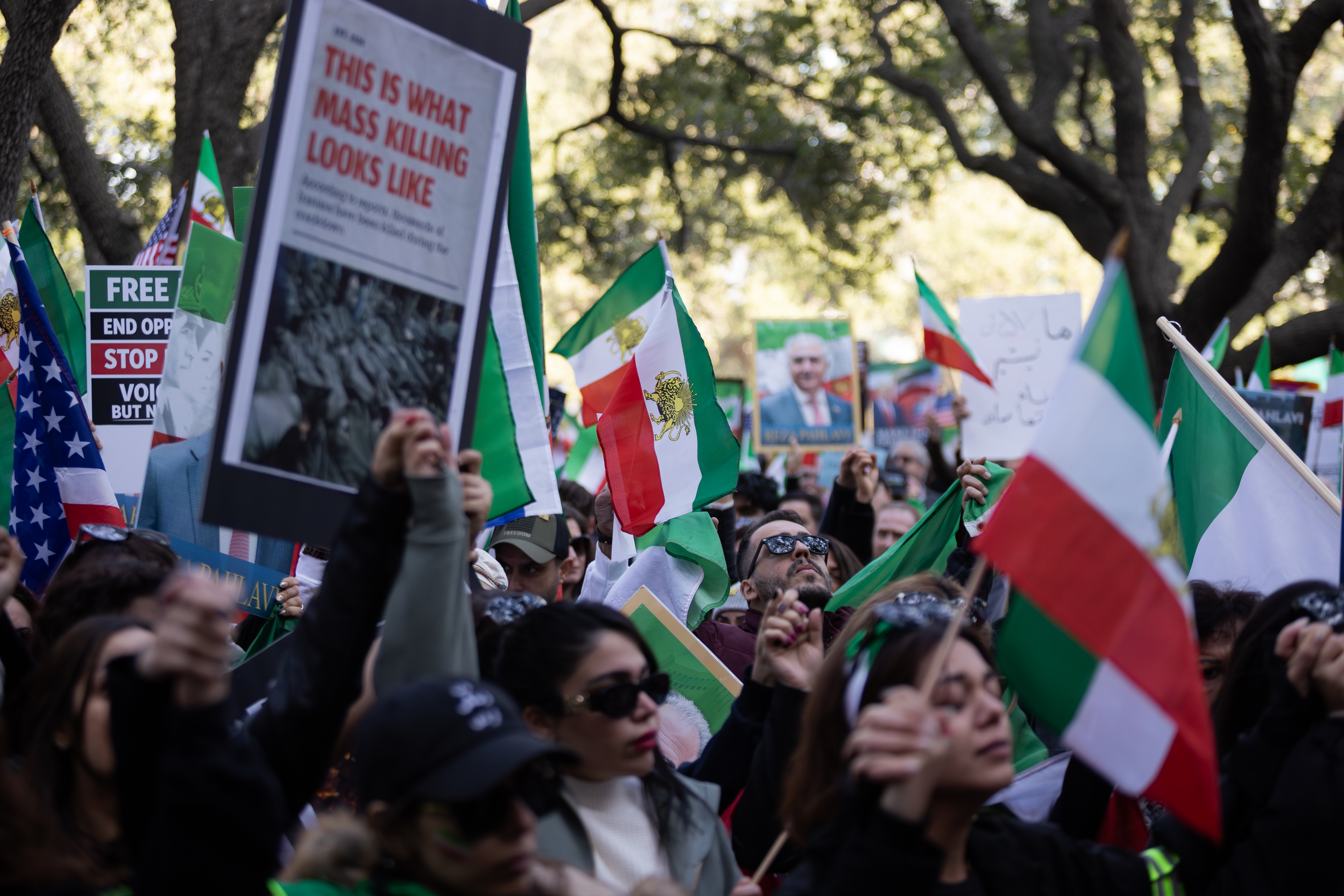A moment of silence is held for the thousands recently killed in Iran during a protest calling for U.S. involvement against Iran's Islamic Republic regime in Houston, Texas, on January 18, 2026. (Photo by Reginald Mathalone/NurPhoto vua Reuters Connect)