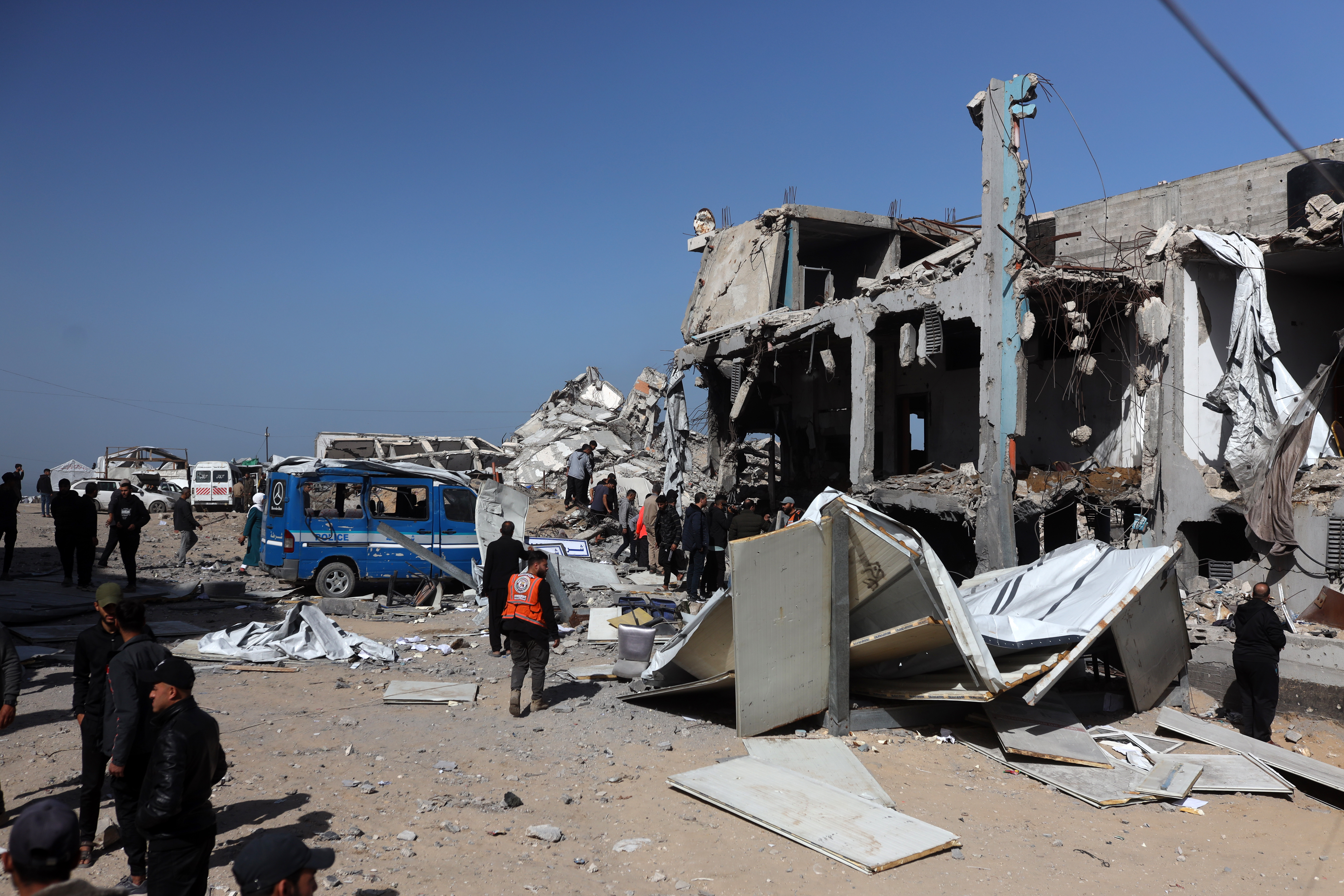 Palestinians inspect a damaged police station in Gaza City, Gaza, on January 31, 2026, following an Israeli air strike. Israeli air strikes kill 28 people in the Gaza Strip on January 31, according to the territory's ministry of health. (Photo by Majdi Fathi/NurPhoto)