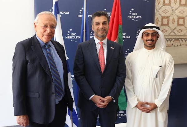 Prof. Uriel Reichman, president and founder of IDC Herzliya, UAE ambassador to Israel Mohamed Al Khaja, Mansoor Al Marzooki (Photo: Amb. Mohamed Al Khaja's Twitter feed)
