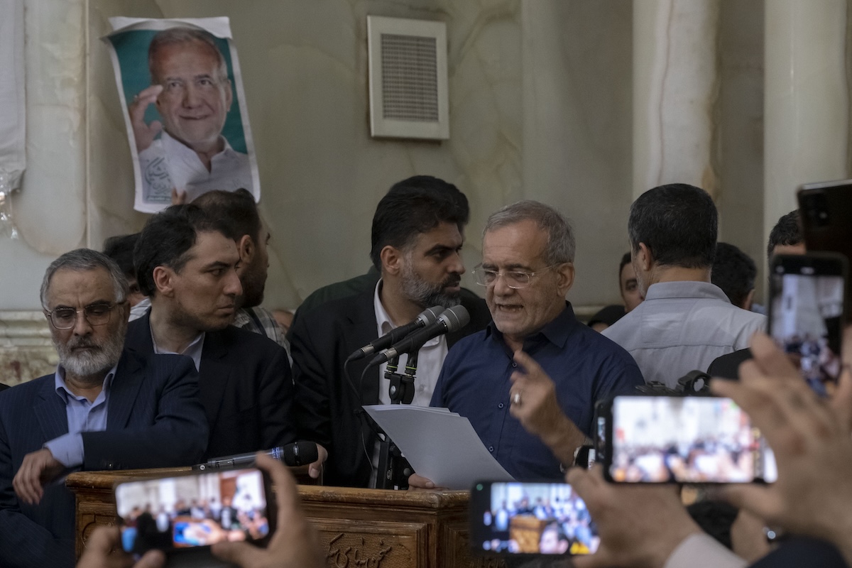 Iranian President-elect Masoud Pezeshkian speaks to his supporters during a ceremony at the Khomeini shrine in southern Tehran, Iran, on July 6, 2024.(Photo: Morteza Nikoubazl/NurPhoto)
