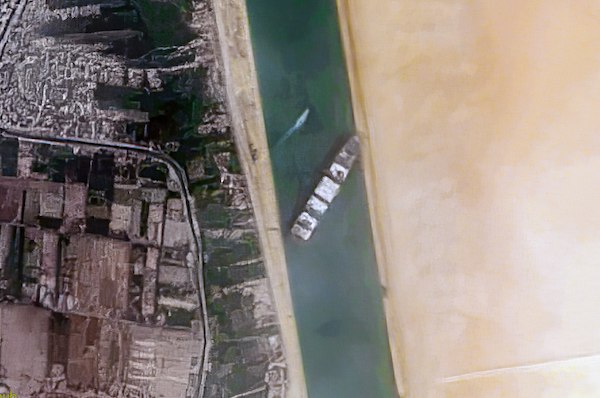 Container Ship 'Ever Given' stuck in the Suez Canal, Egypt - March 24, 2021. (Photo: Wikimedia Commons/Contains modified Copernicus Sentinel data [2021], processed by Pierre Markuse)