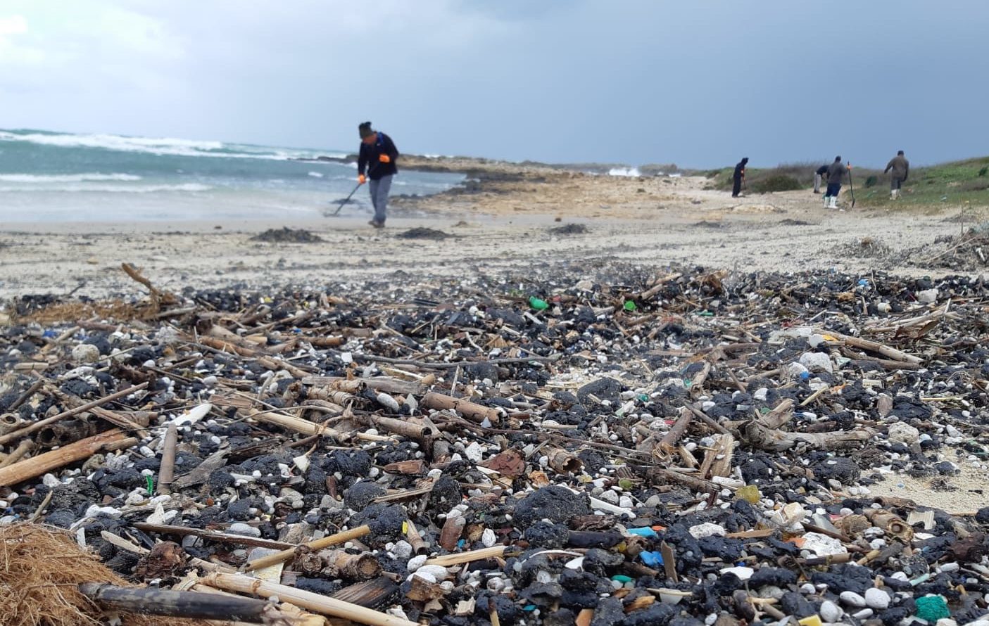 Cleaners work to remove tar at Tel Dor beach, Israel. (Yossi Ozen/Israel Nature and Parks Authority)