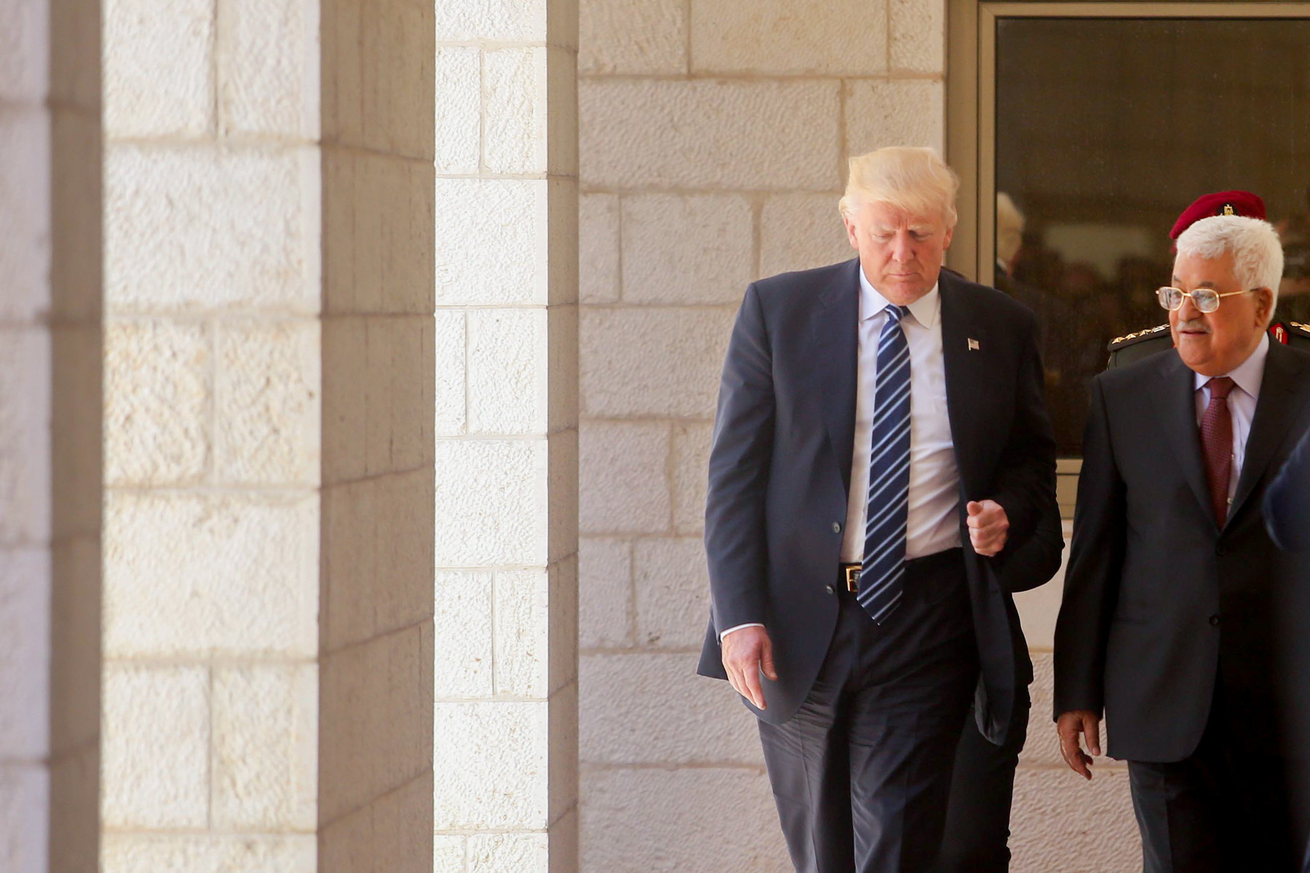 US president Donald Trump with Palestinian President Mahmoud Abbas during a welcoming ceremony in the West Bank city of Bethlehem, on May 23, 2017. Photo by Flash90