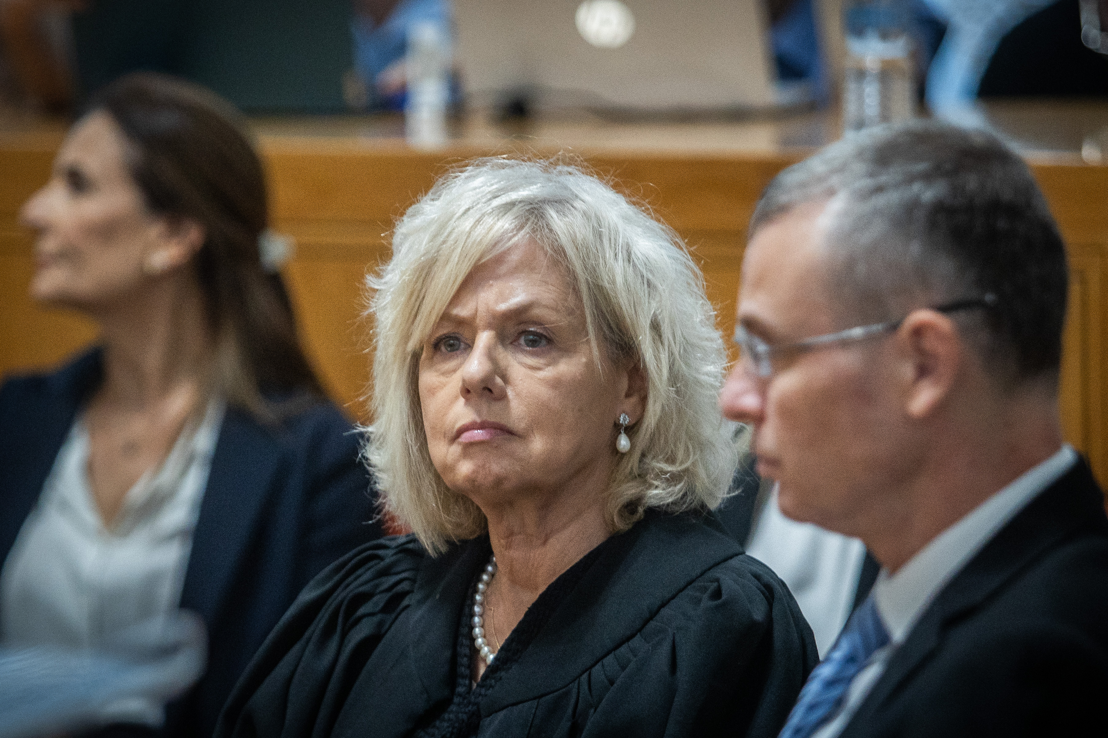 Israeli attorney general Gali Baharav Miara and Minister of Justice Yariv Levin at a farewell ceremony for retiring acting Supreme Court President Uzi Vogelman, at the Supreme Court in Jerusalem on October 1, 2024. Photo by Oren Ben Hakoon/POOL