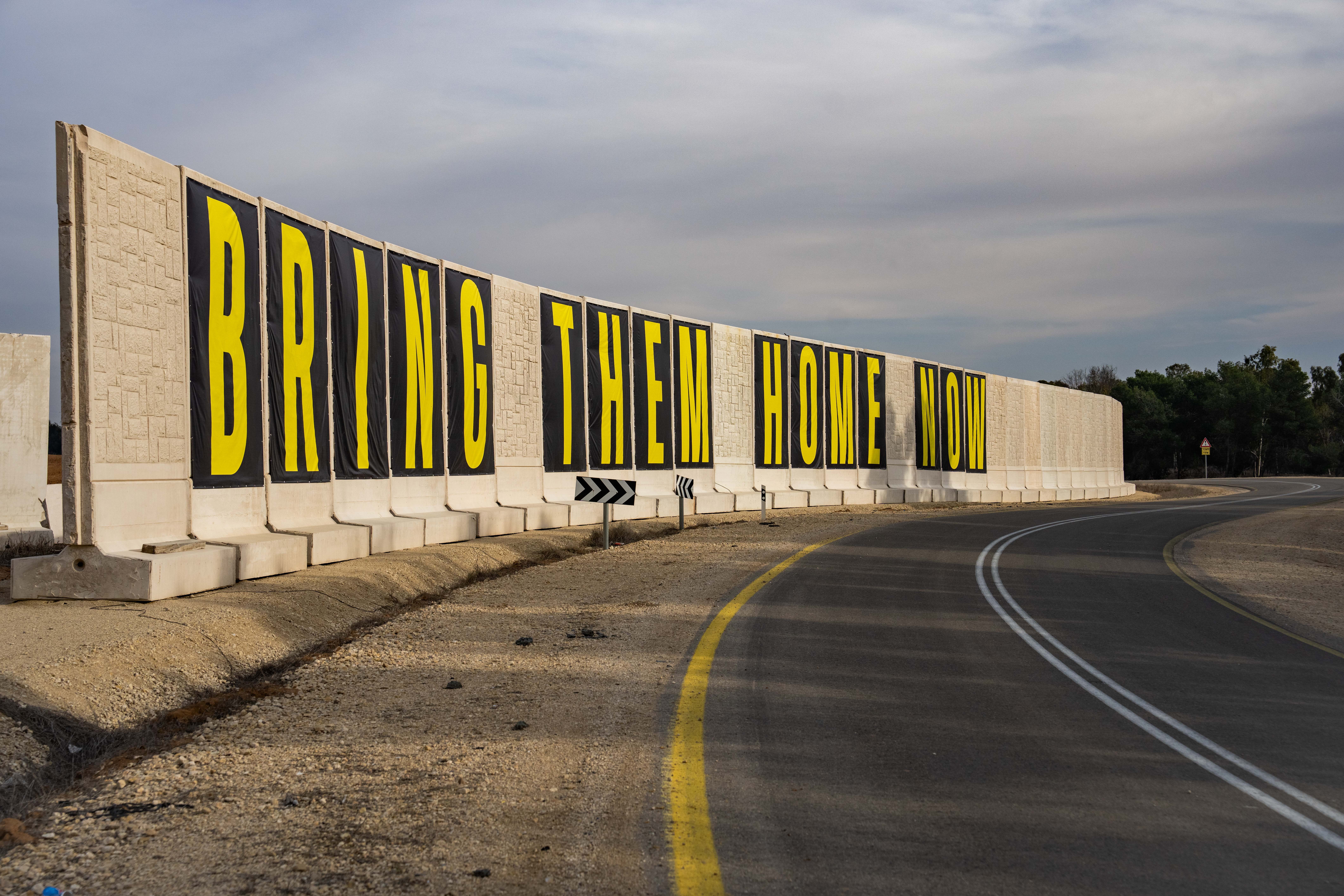 A sign calling for the release of Israelis held hostage in the Gaza Strip near the Israeli border with the Gaza Strip, on January 4, 2025. Photo by Erik Marmor/Flash90