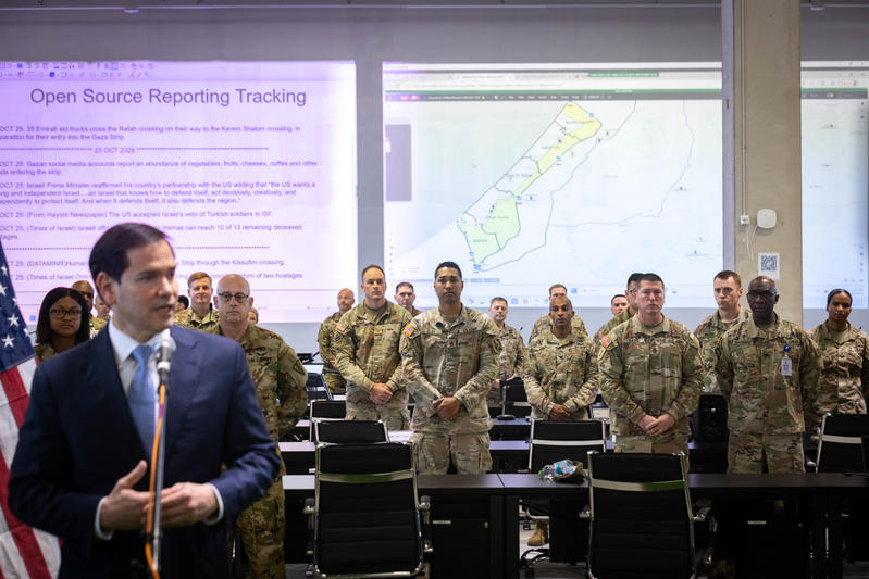 US Secretary of State Marco Rubio visit at a US military base in Kiryat Gat, on October 24, 2025. Photo by Olivier Fitoussi/POOL