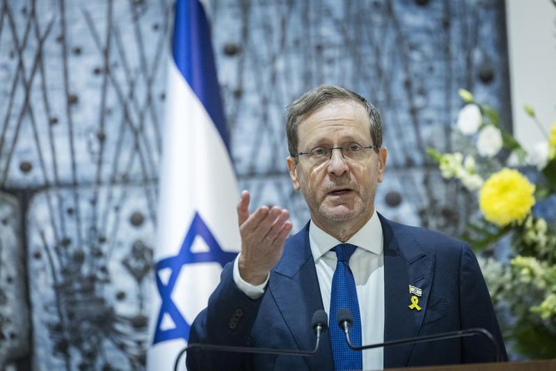 Israeli President Isaac Herzog speaks during a ceremony marking the lighting of the first Hanukkah candle at the President’s Residence in Jerusalem, on December 14, 2025. Photo by Chaim Goldberg/Flash90