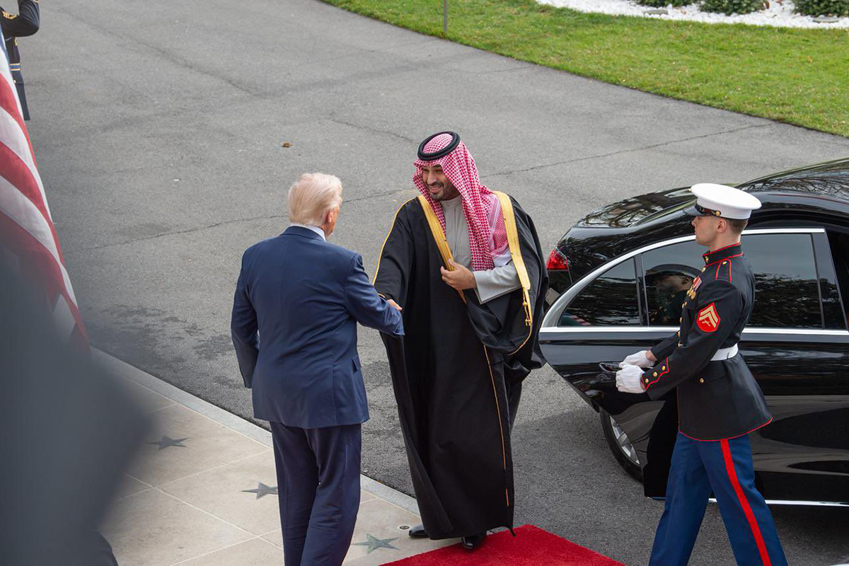 Saudi Crown Prince Mohammed bin Salman arrives at The White House as he is greeted by US President Donald Trump. Photo credit: White House press office